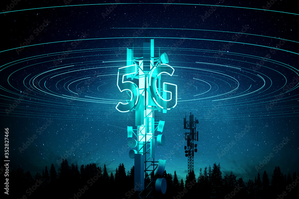 5G mobile signal Communication Mast (cell tower) Super fast data streaming concept. 3D illustration.
